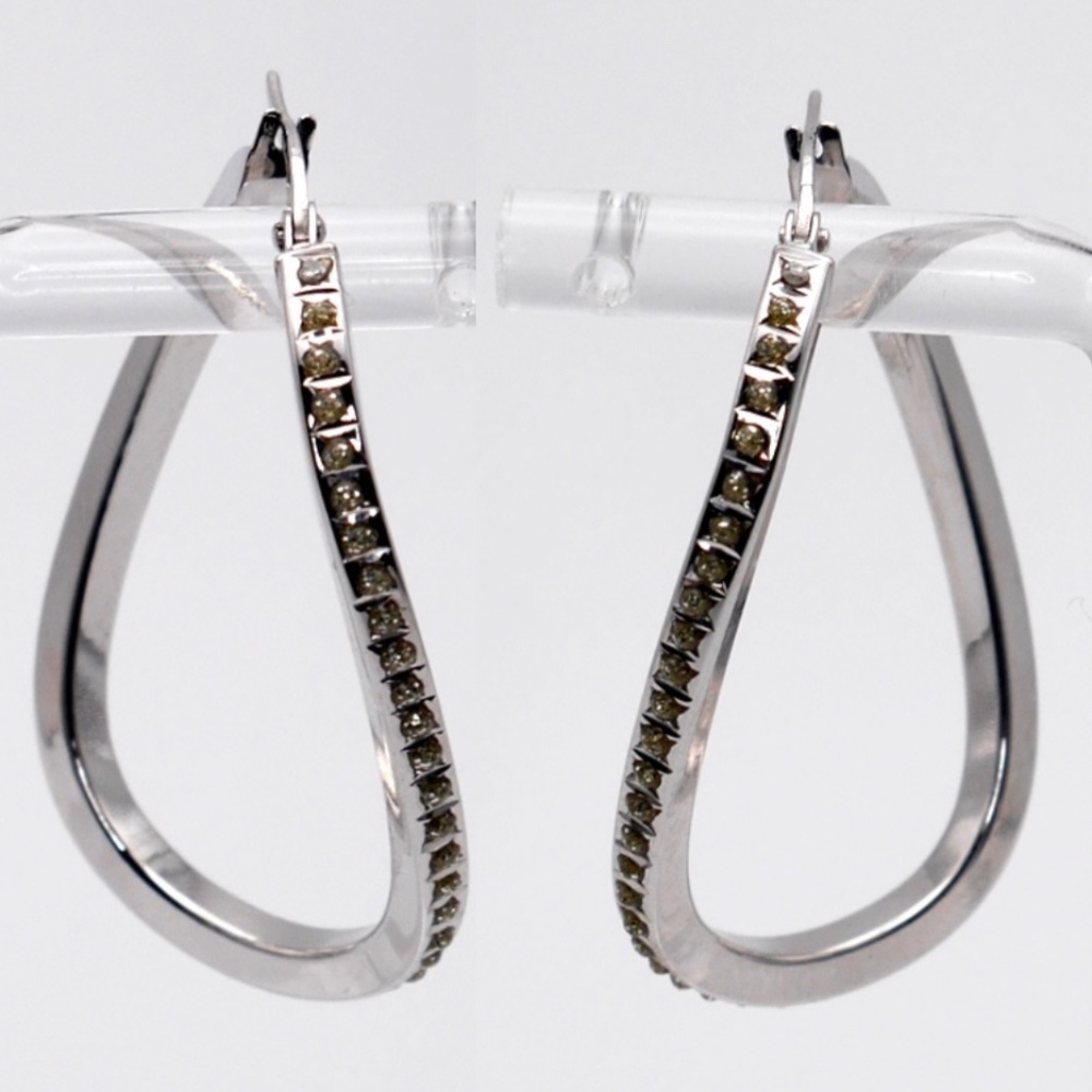 14k Diamond Hoop Earrings - Solid White Gold Wave Form 2”